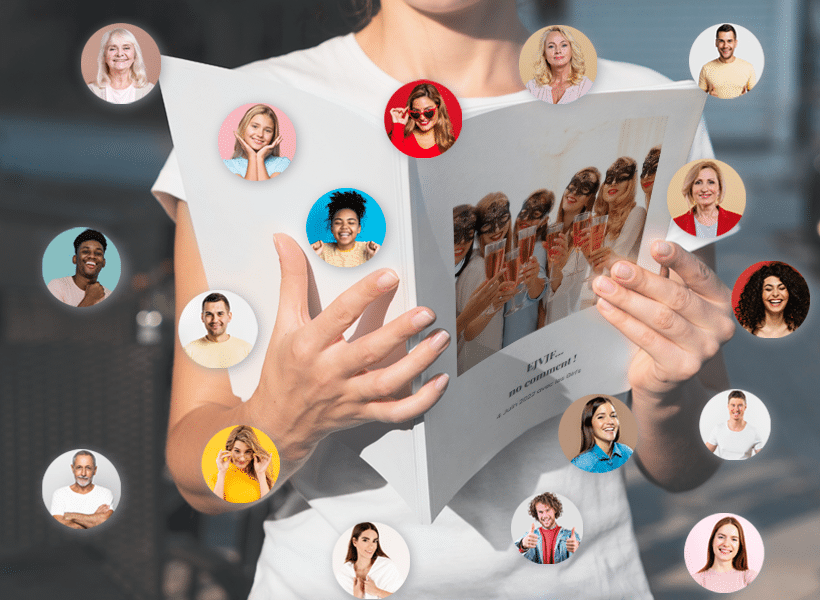 photo montage du livre photo collaboratif uunni, ouvert et tenu par une femme