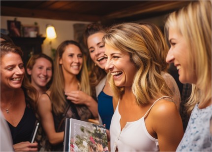 groupe d'amie qui offrent un livre photos à leur amie